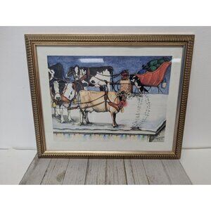 Jane McClure Jane's Prints Looking for Santa Cows Sleigh Country Framed Print